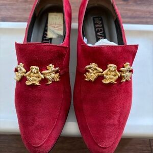 Prevata Made in Italy Red Suede Loafers Women’s 6.5 Gold Monkey Detail Slip-Ons